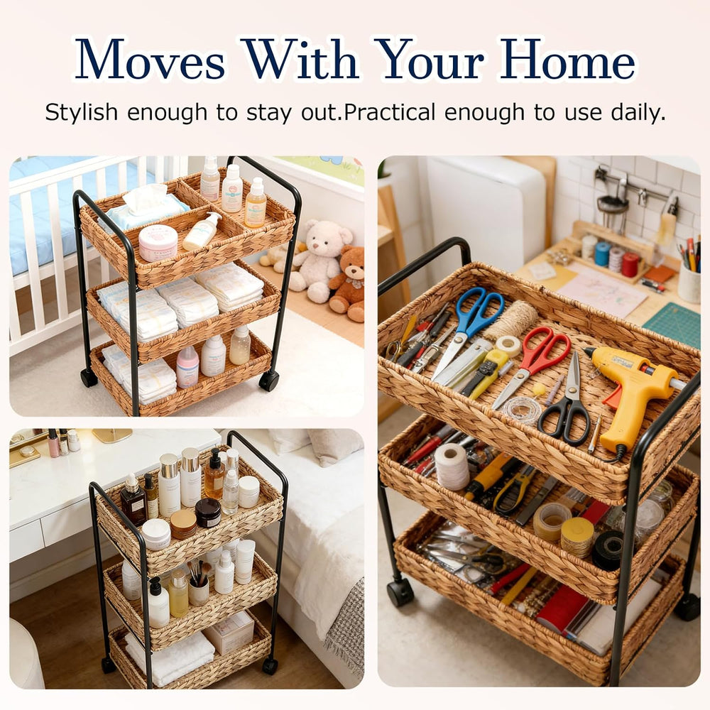 3-Tier Wicker Rolling Storage Cart, 30×15×11 Inch (Chestnut)