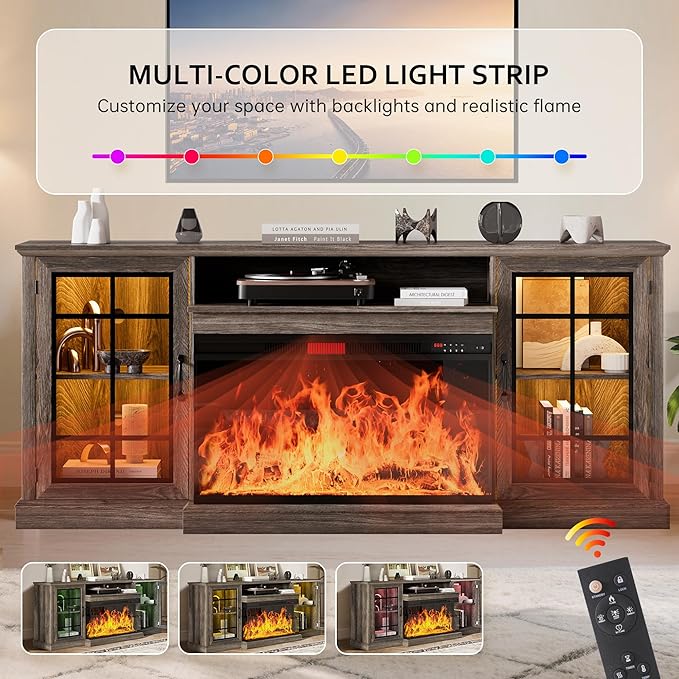 oneinmil 80'' Fireplace TV Stand with 3-Sided Glass, TV Cabinet for T...