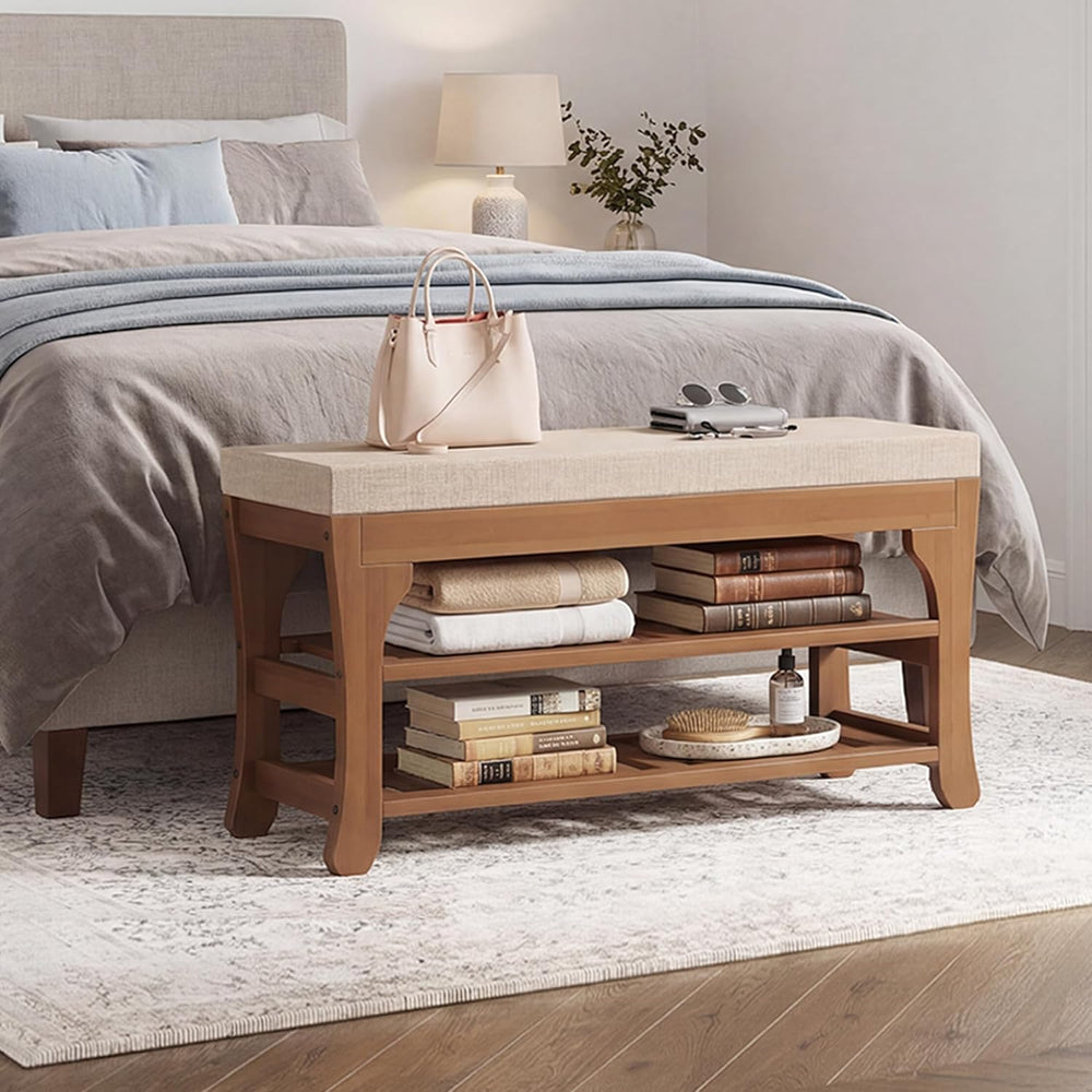 PETKABOO 27.6" Shoe Storage Bench with Cushion, Bamboo Shoe Rack Bench, ...