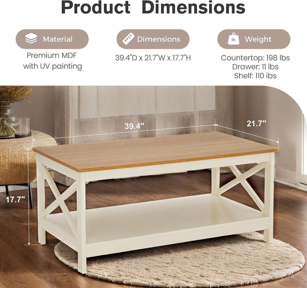PHI VILLA White Farmhouse Coffee Tables with Storage for Living Room