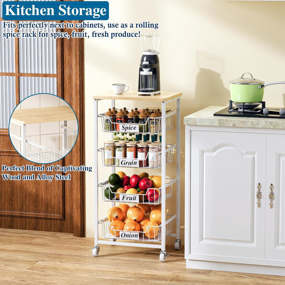OKZEST 5-Tier Kitchen Storage Cart with 4 Upgraded Drawer Basket & Wood T...