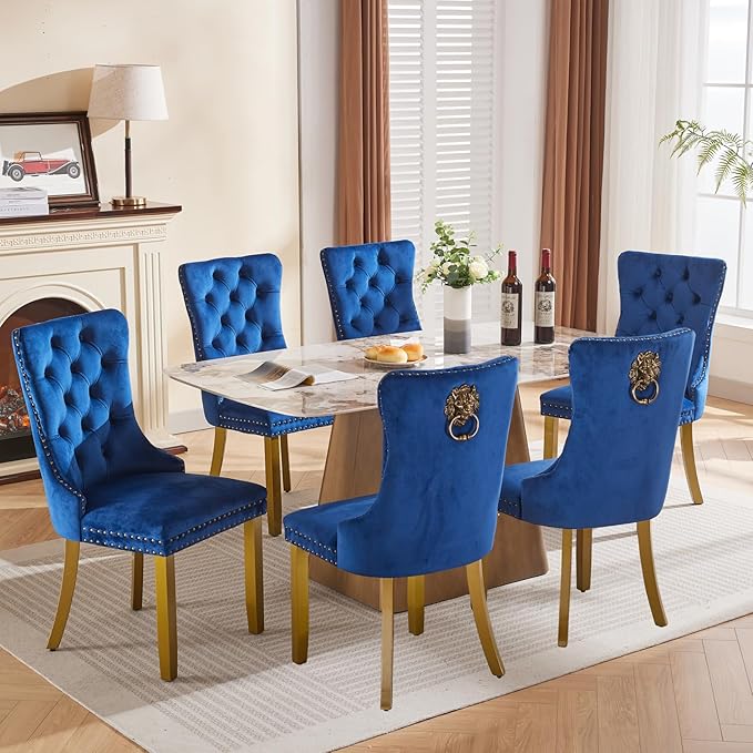 Velvet Dining Chairs Set of 6, Upholstered Dining Room Chairs with Lion Head ...