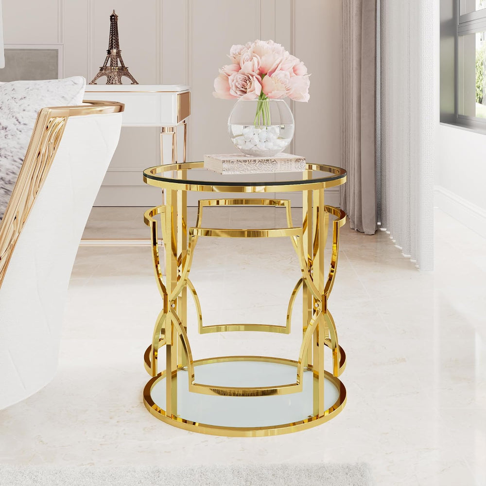 Polibi 19.7" Round Gold Metal End Table with Tempered Glass Top & 2-...