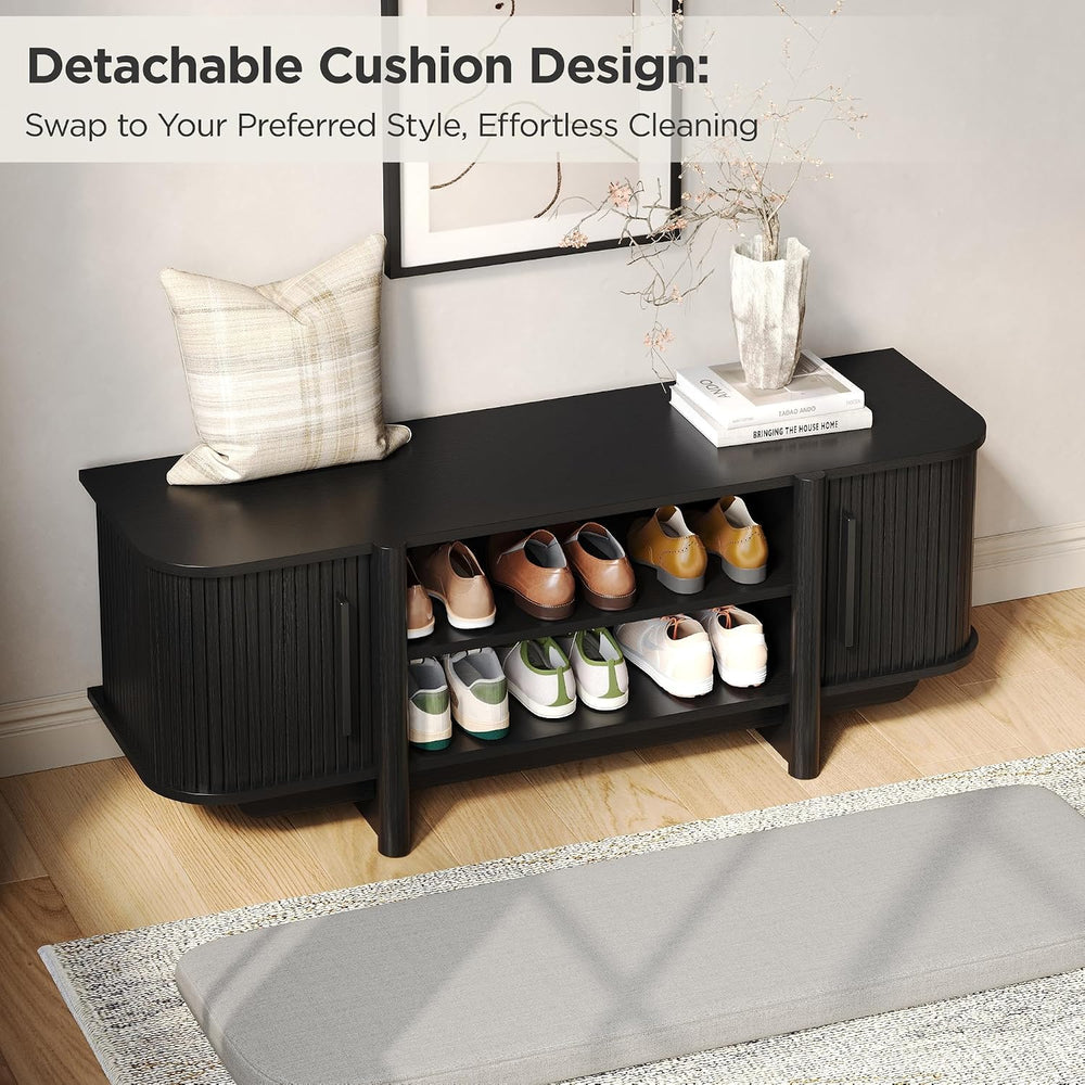 Maupvit Entryway Shoe Storage Bench with Sliding Doors, 2-Tier Upholstered Sh...