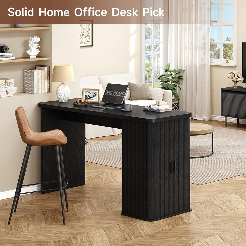 ONBRILL 59 Inch Fluted Kitchen Island with Storage Black | Counter Height Tab...