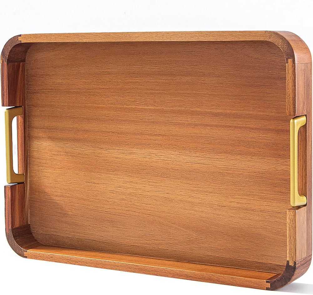 Acacia Wood Serving Tray with Metal Handles, 17x12in Food Drinks Tray for Cof...