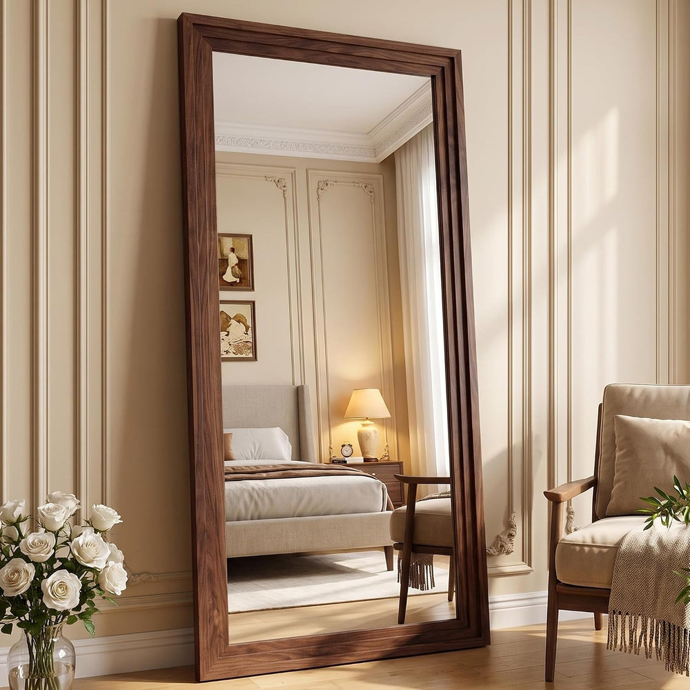 76"x34" Full Length Mirror, Large Wood Floor Mirror, Walnut