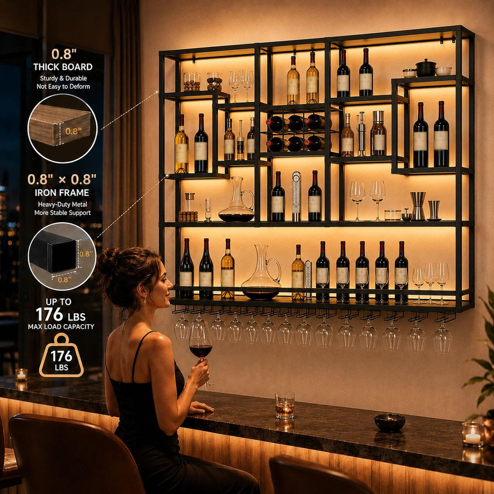 71in LED Wall Mounted Wine Rack with Stemware Holder and Wood Shelves | Combi...