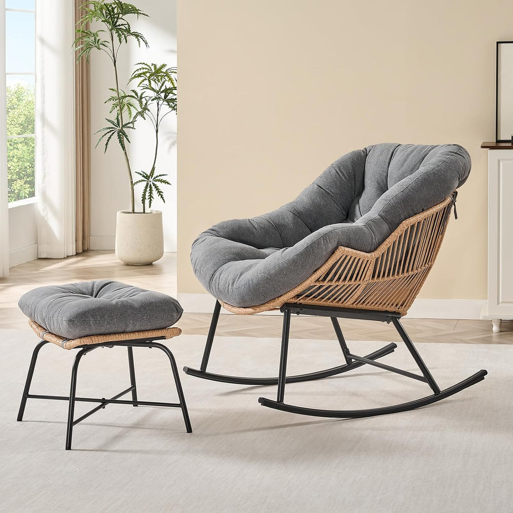 ONBRILL Papasan Rocking Chair with Ottoman,Oversized Papasan Chair with Padde...
