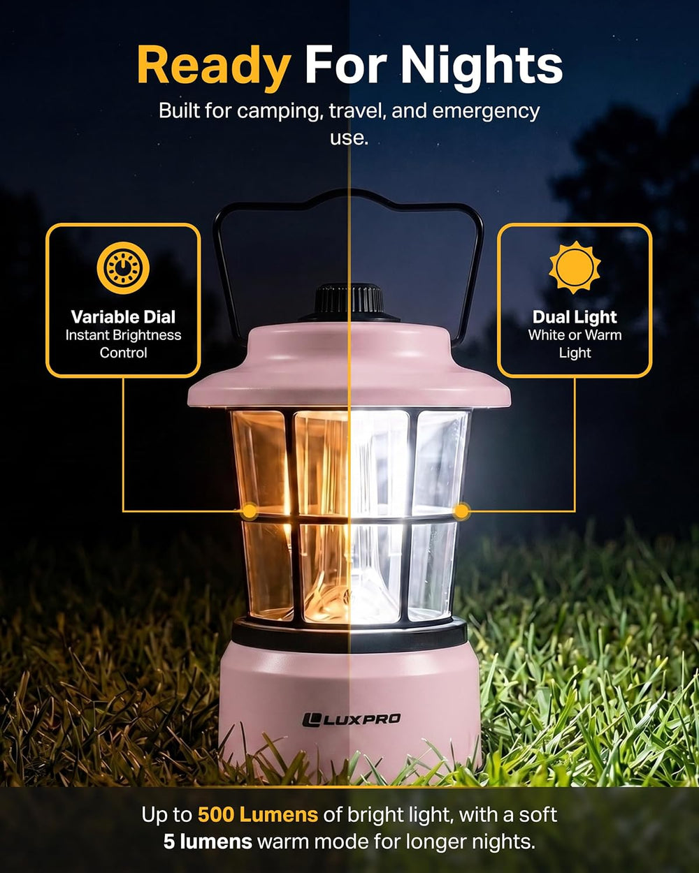 LUXPRO Rechargeable Retro Outdoor Lantern LED Camping Lantern, Pink,2 Pack