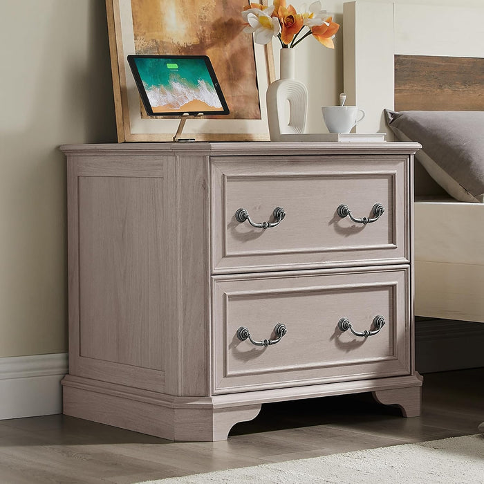 T4TREAM 30" Farmhouse Nightstand Set of 2 w/Charging Station | Large End Table, 2 Spacious Drawers Bedside Table, Wooden Night Stand for Bedroom, Living Room, White Alder