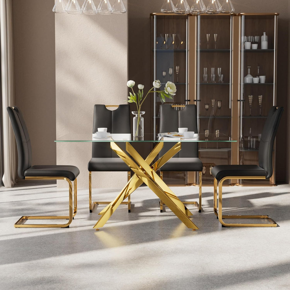 5-Piece Dining Table Set for 4, Modern Rectangular Glass Table with 4 Upholst...