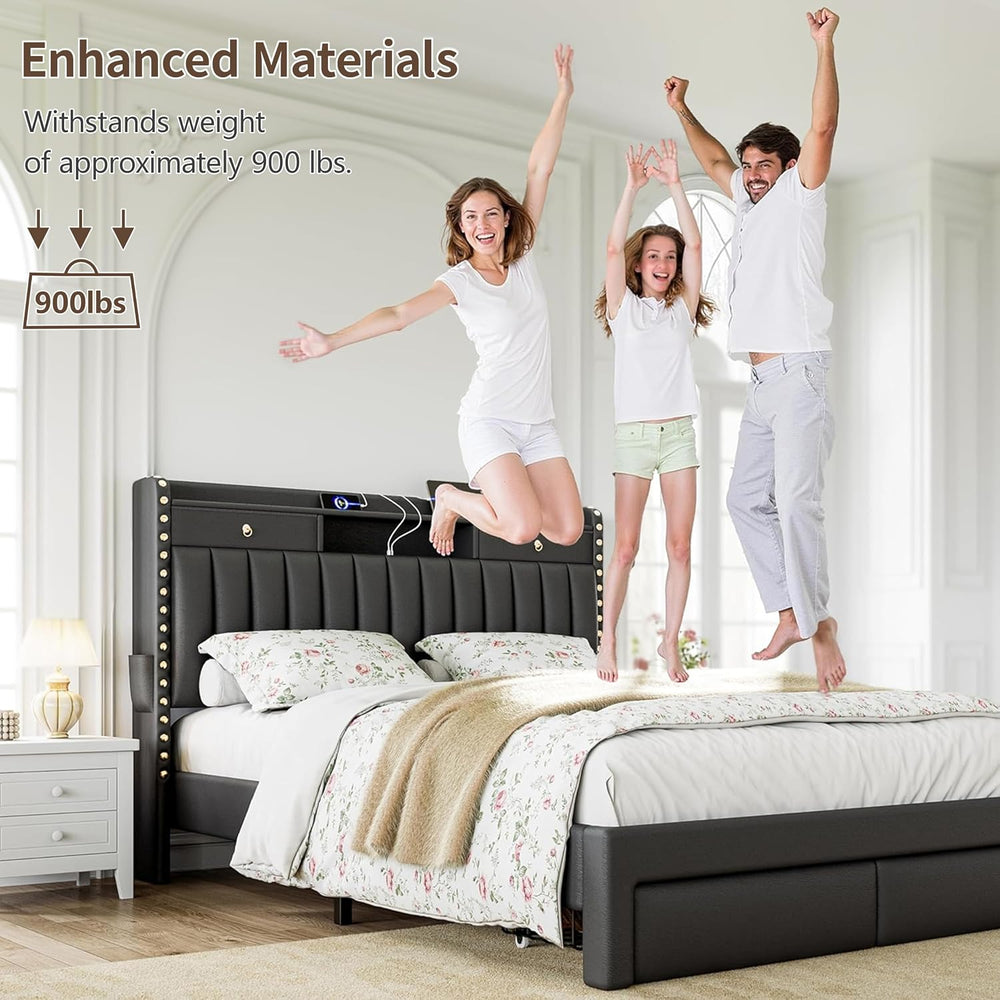 CypBed King Bed Frame with 4 Storage Drawers and Headboard,Charging Station