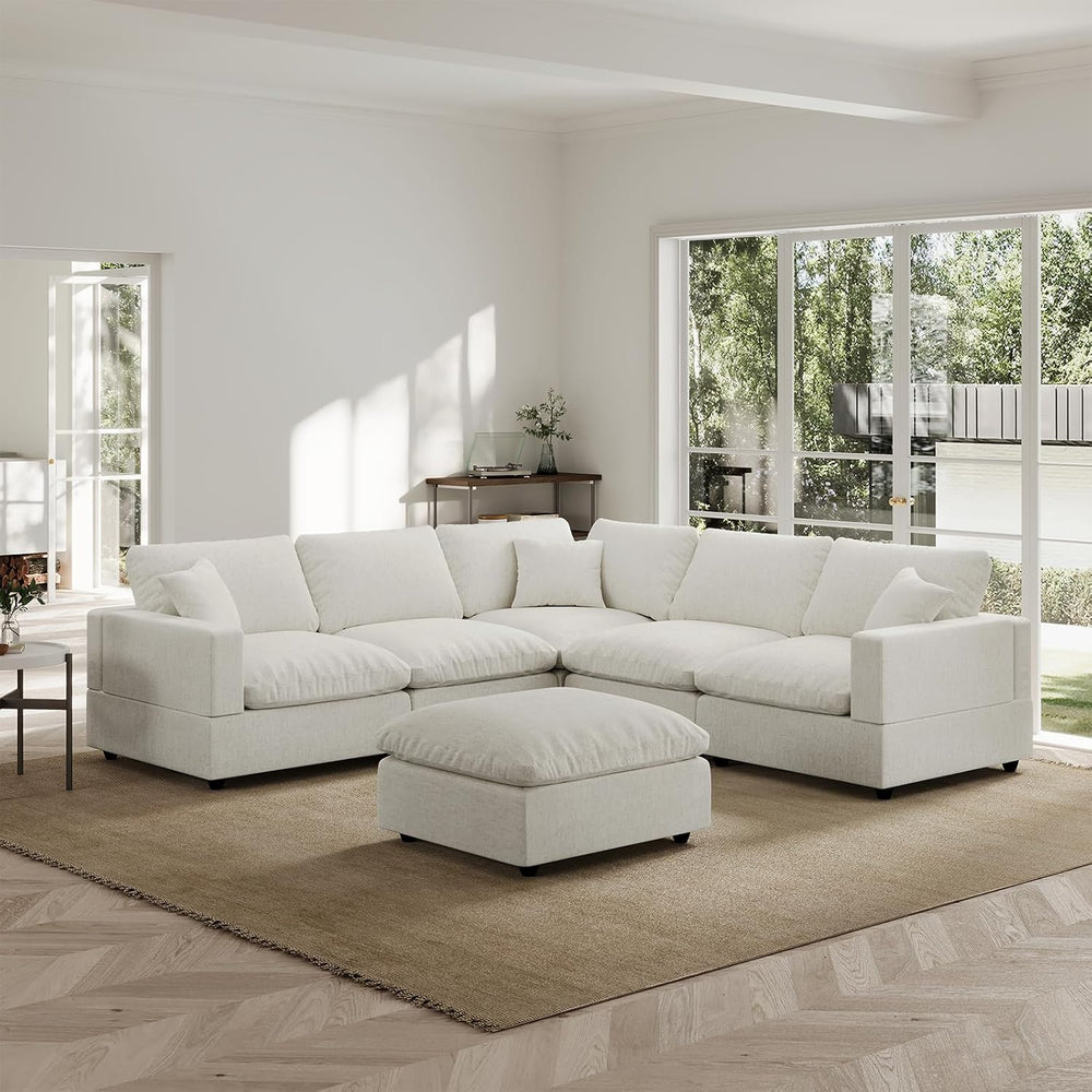 Modern Sectional Linen Couch for Living Room V-Shape Sofas,6 Seat Modular Clo...