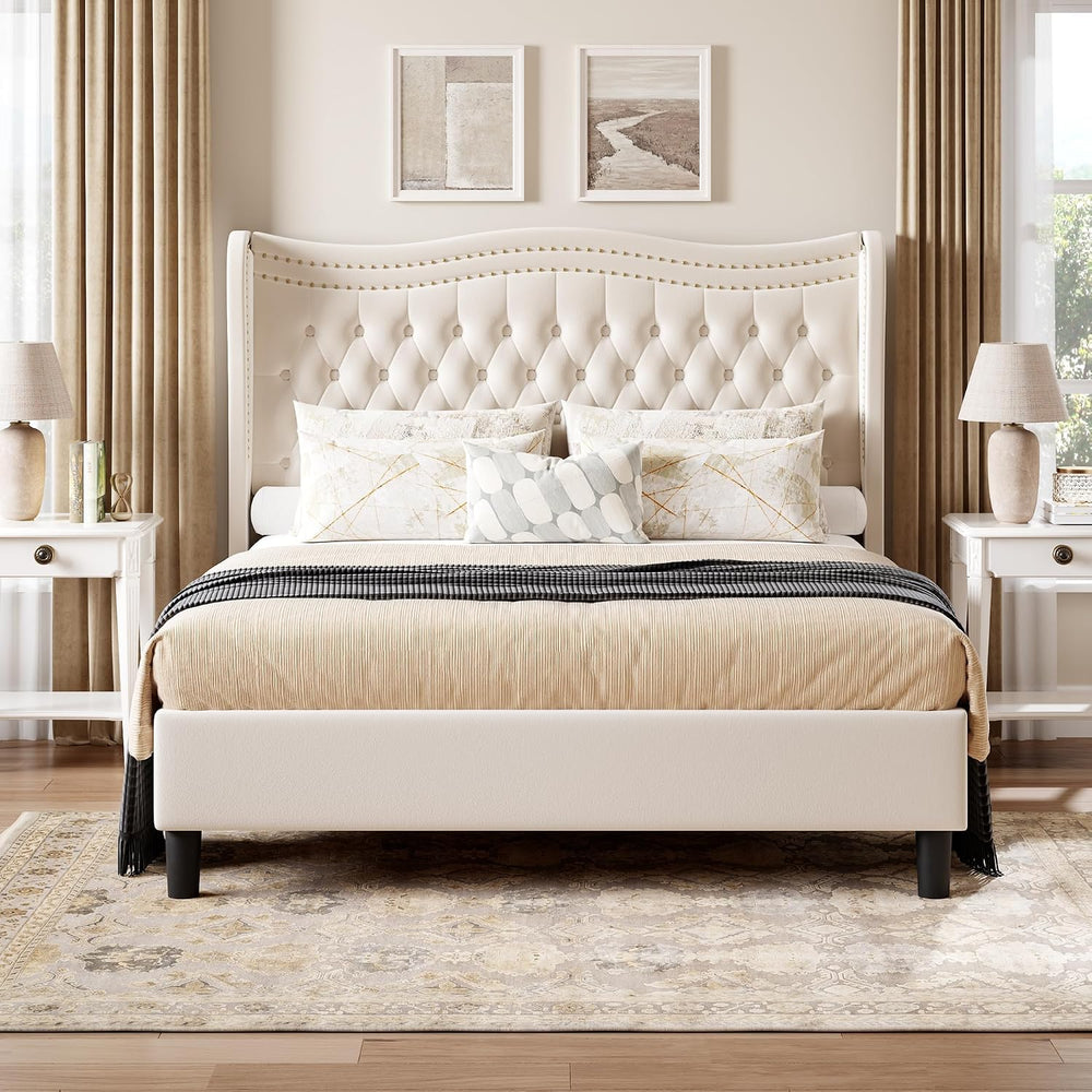 Upholstered King Size Bed Frame with Tall Headboard, Velvet Wingback Platform...