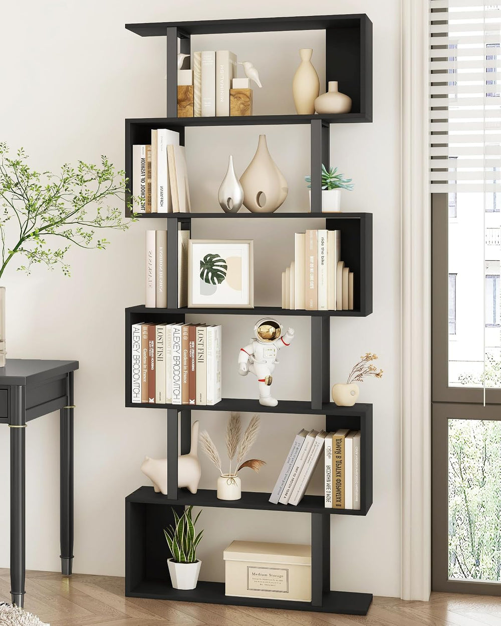 Yusong Geometric Bookcase, S Shaped Bookshelf 6-Tier Book Shelves for Bedroom...