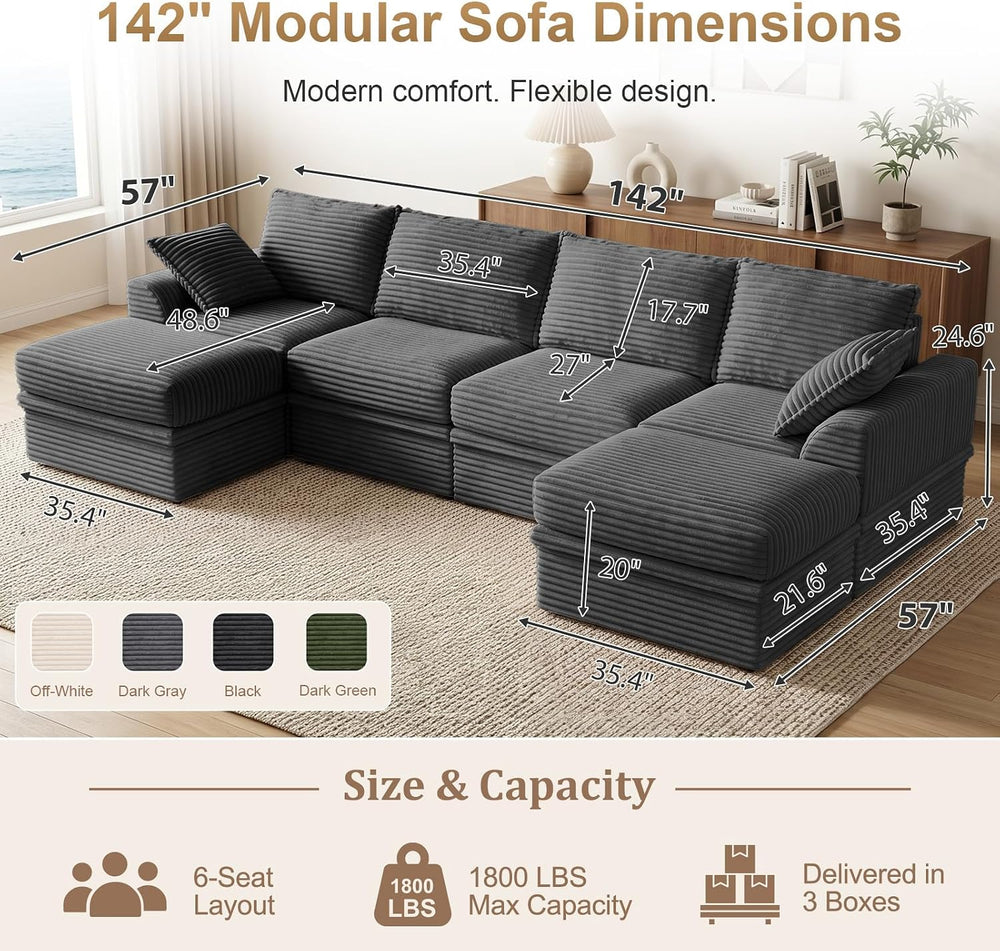 142" Upgraded Couch with Storage, Modular Sectional Couches for Living R...