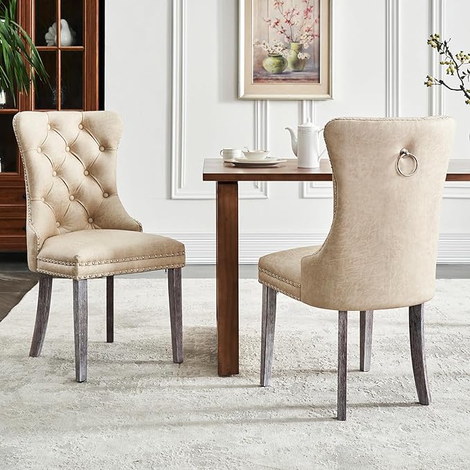 Leather Dining Chair Set of 2, Dining Room Chairs with Nailhead Ring Pull Tri...