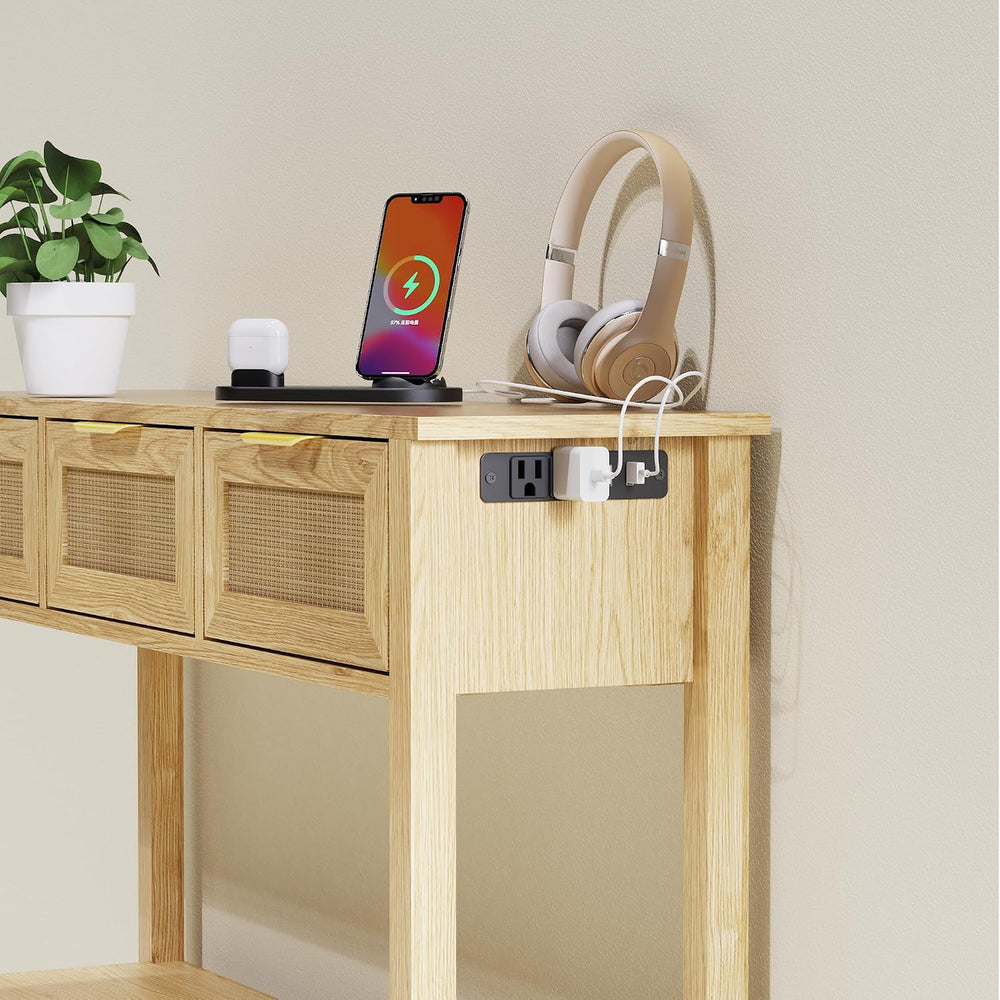 Entryway Table, Rattan Console Table with 3 Storage Drawers and Storage Shelf...