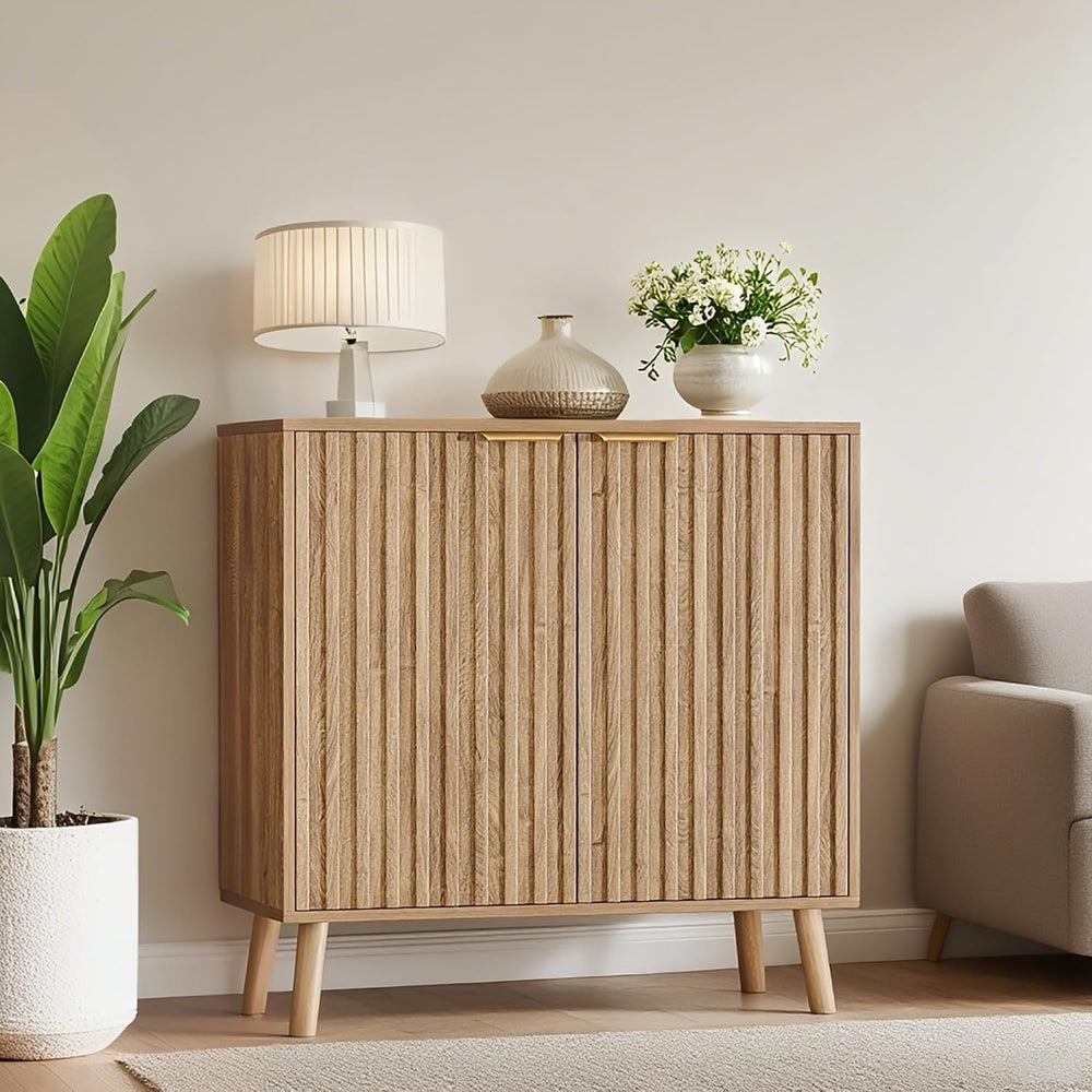 Fluted Buffet Cabinet, Free Standing Sideboard with Storage, Wood Accent Cabi...