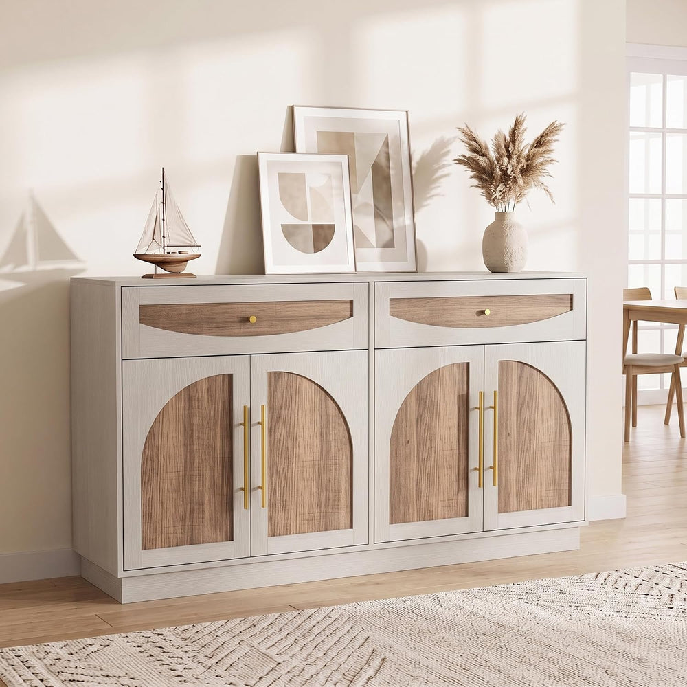 63'' Arched Door Sideboard Buffet Cabinet with Drawers, White and Nat...