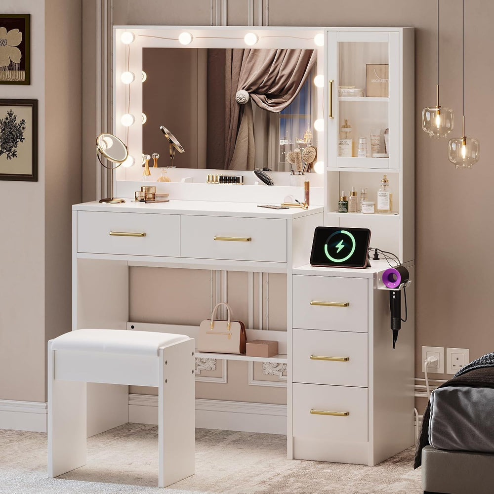 TOKSOM Makeup Vanity with Lights & Charging Station, White Vanity Table w...