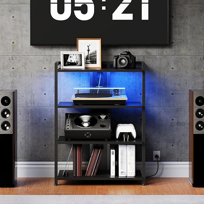 HOOBRO 4-Tier AV Media Stand, Media Console with Charging Station and LED Lig...
