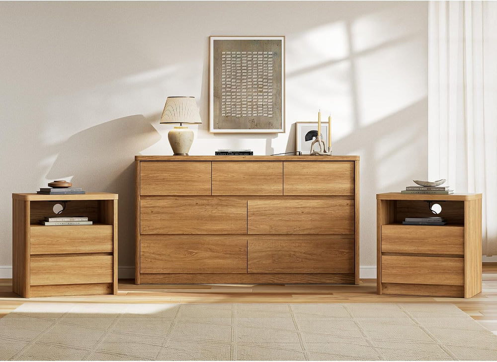 3 Pieces Bedroom Set, 55 Inch Width 7-Drawer Dresser & 2-Drawer Nightstan...