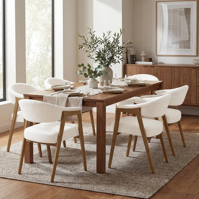 CIMOTA Upholstered Dining Chairs with Arms Set of 6, Mid Century Modern Kitchen & Dining Room Chairs, Comfortable Curved Backrest & Trapezoid Solid Wood Legs, Linen Beige