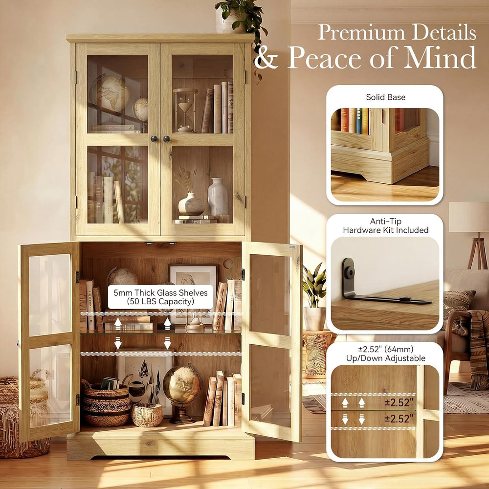 68" Tall Glass Display Cabinet with RGB LED Lights, Yellow Oak | 4-Tier ...