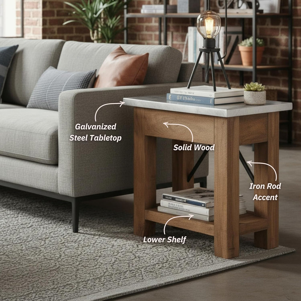 Millwork End Table with Steel Top – Rustic Industrial Narrow Side Table with ...