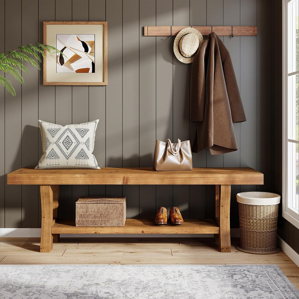 Solid Wood Entryway Bench, 55" End of Bed Bench, Long Indoor Dining Seat...