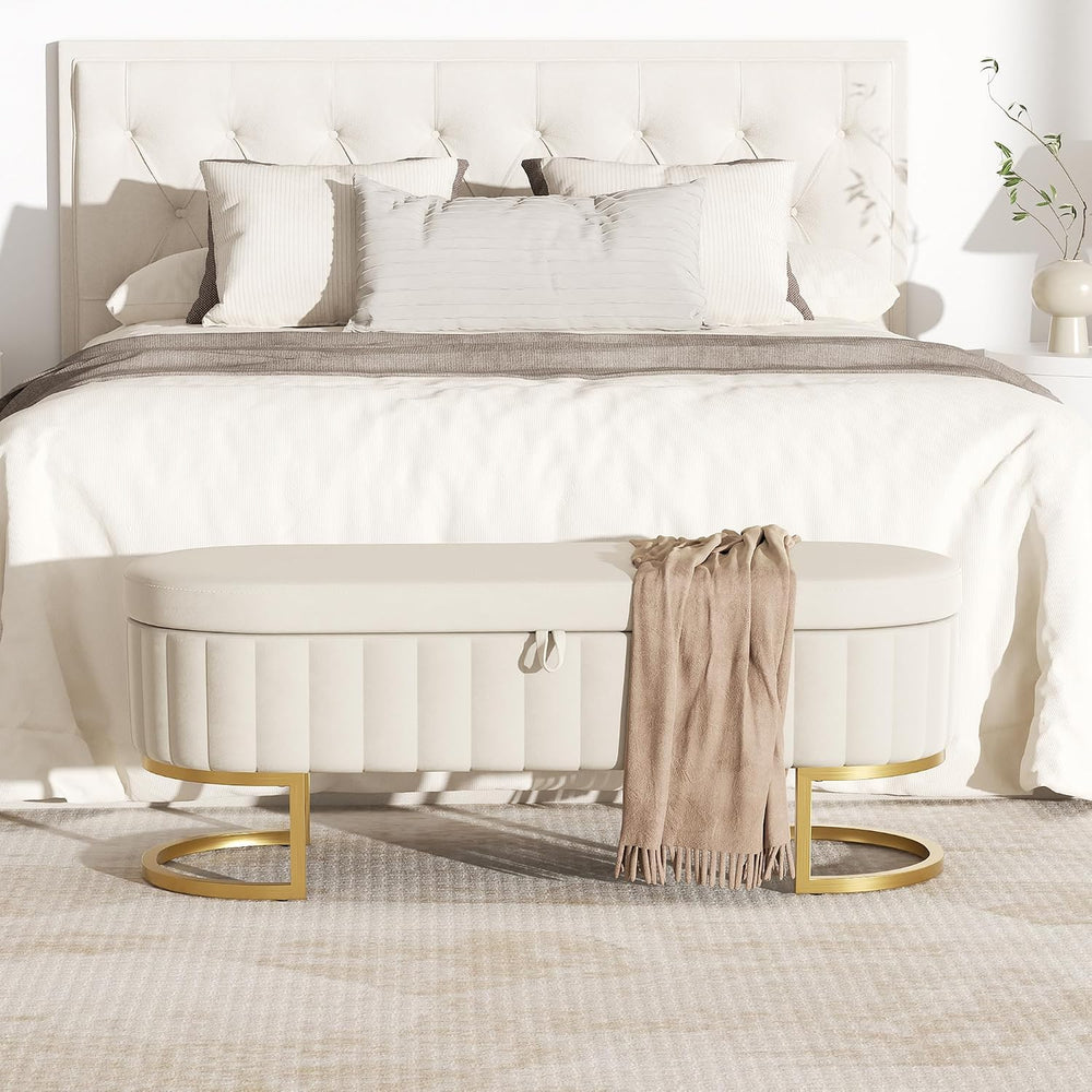 Storage Ottoman Bench, 45" Velvet End of Bed Bench Bedroom Bench with Go...
