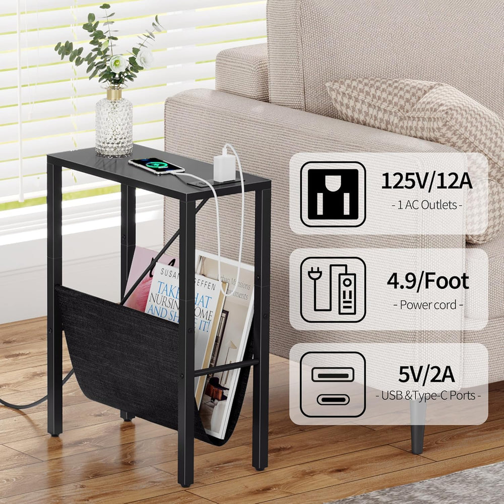 Vagusicc Narrow End Table with Charging Station, Narrow Nightstand with USB P...