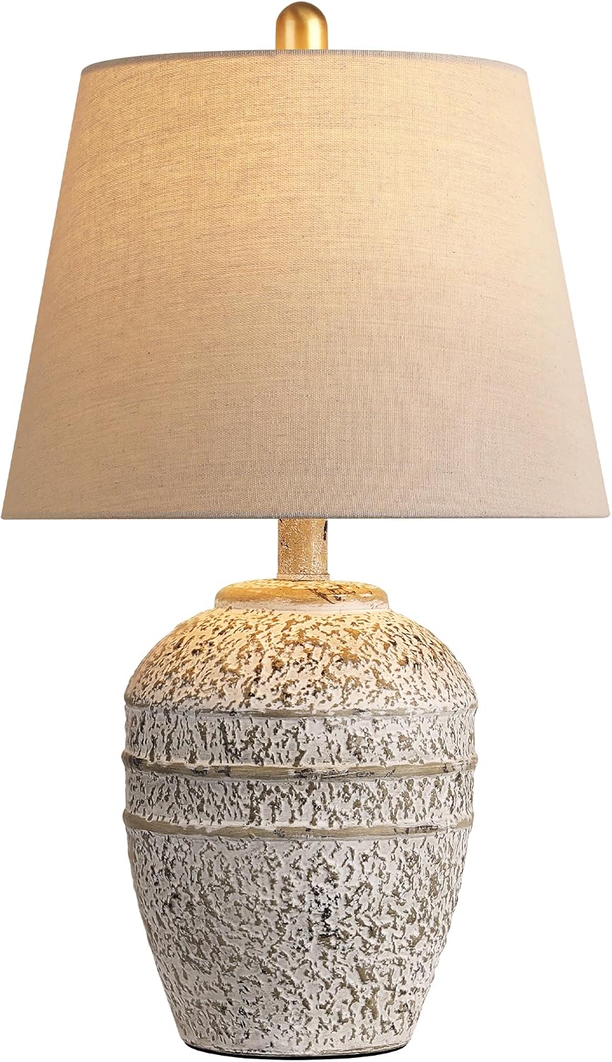 Farmhouse Ceramic Table Lamp, Natural Distressed Earth Tone Finish, Grey