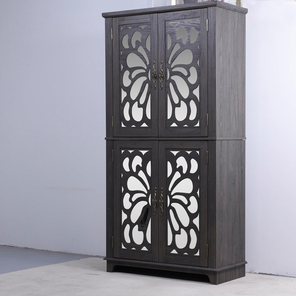 JIJIWANG Kitchen Pantry Storage Cabinet with Acrylic Mirrored Doors,Large Sid...