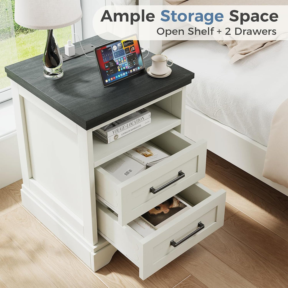 DUMOS Farmhouse Nightstand with Charging Station & USB Ports