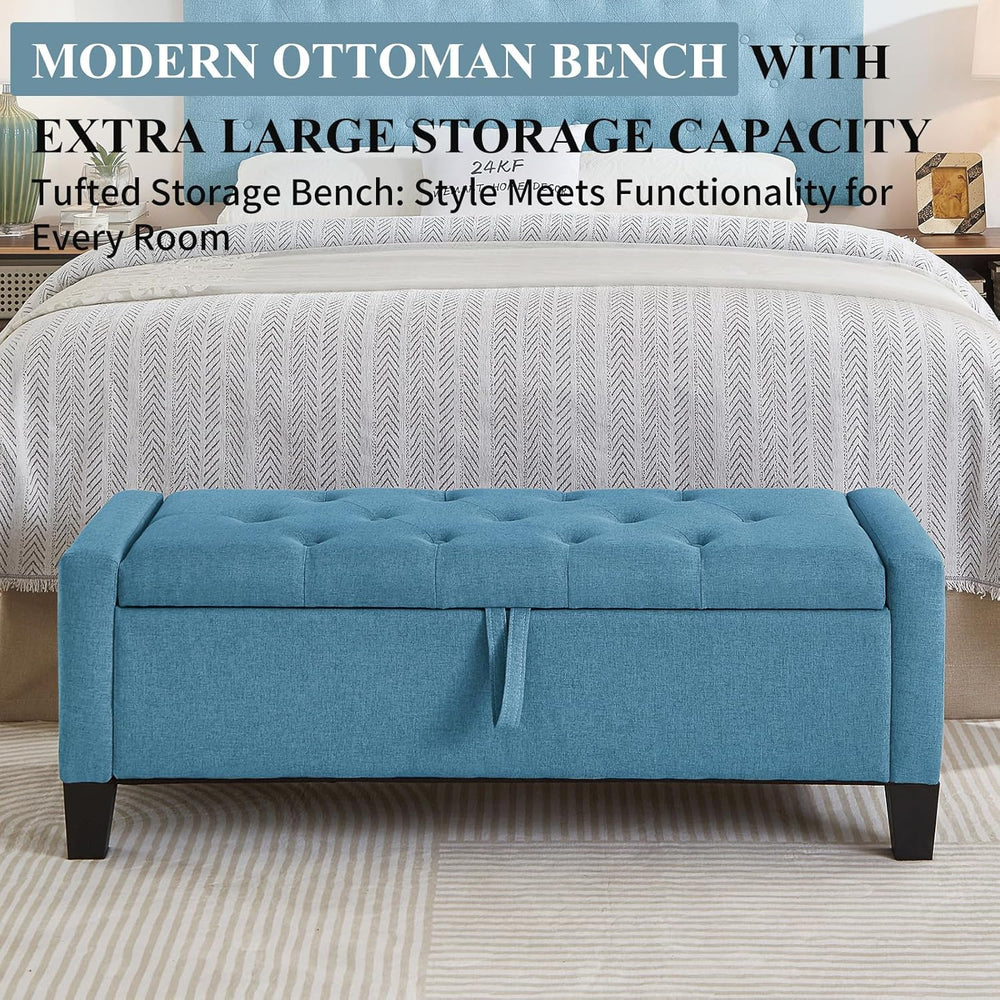 Modern Storage Ottoman Bench, Linen Upholstered End of Bed Bench with Tufted ...