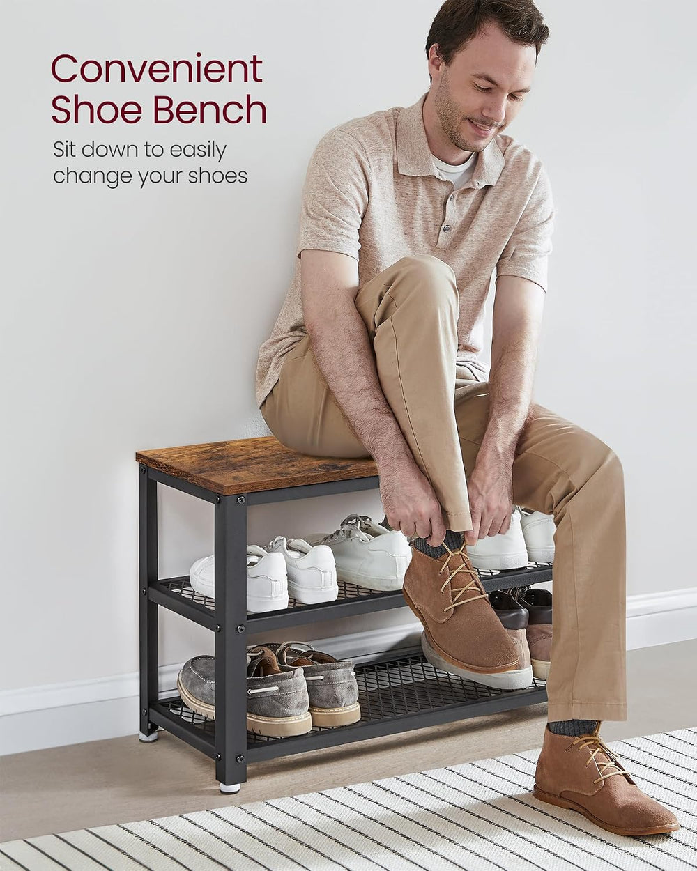 VASAGLE 3-Tier Shoe Rack, Shelf Storage Bench with Metal Mesh Shelves and Sea...