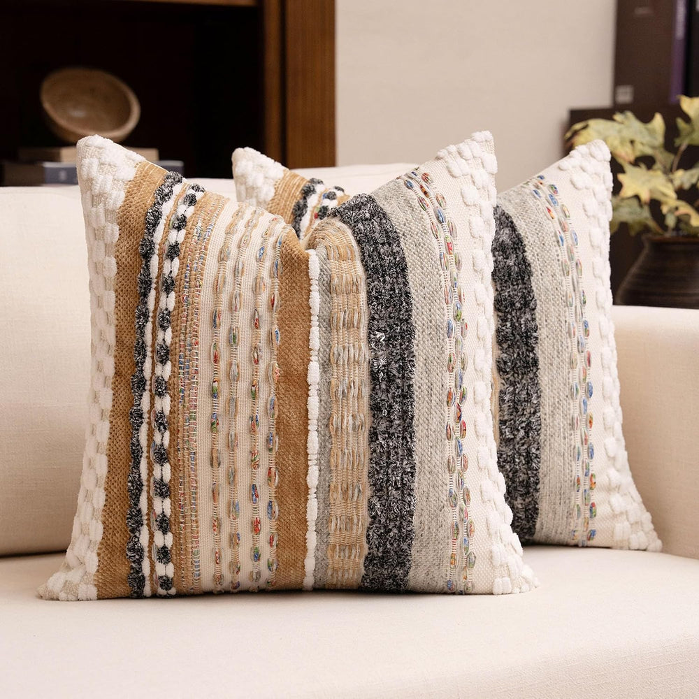 Boho Chenille Tufted Throw Pillow Covers 18x18 Inch Set of 2 Farmhouse Brown ...