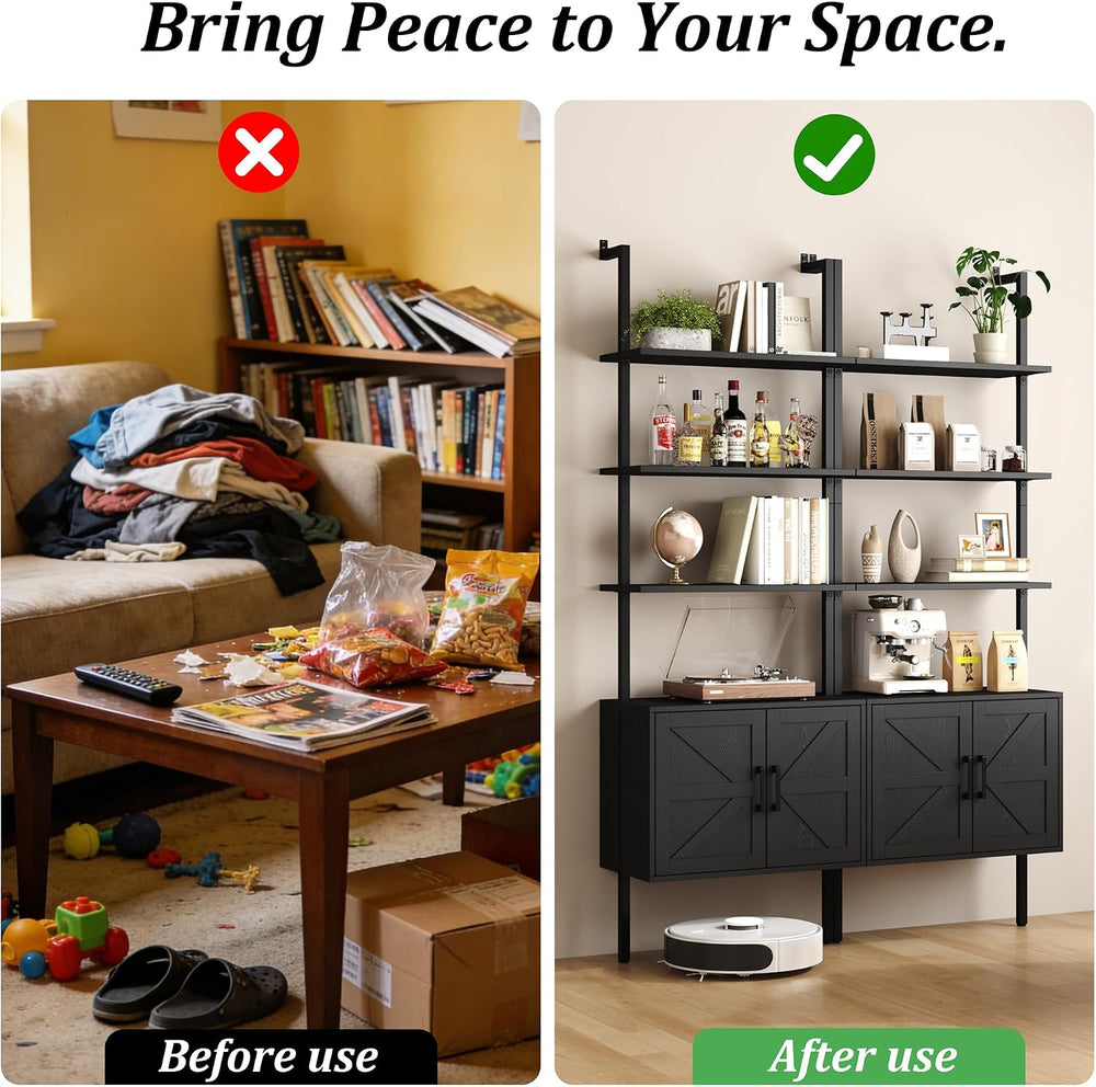 Yusong 73" Tall Bookshelf with Cabinet, Industrial Ladder Wall Mount She...