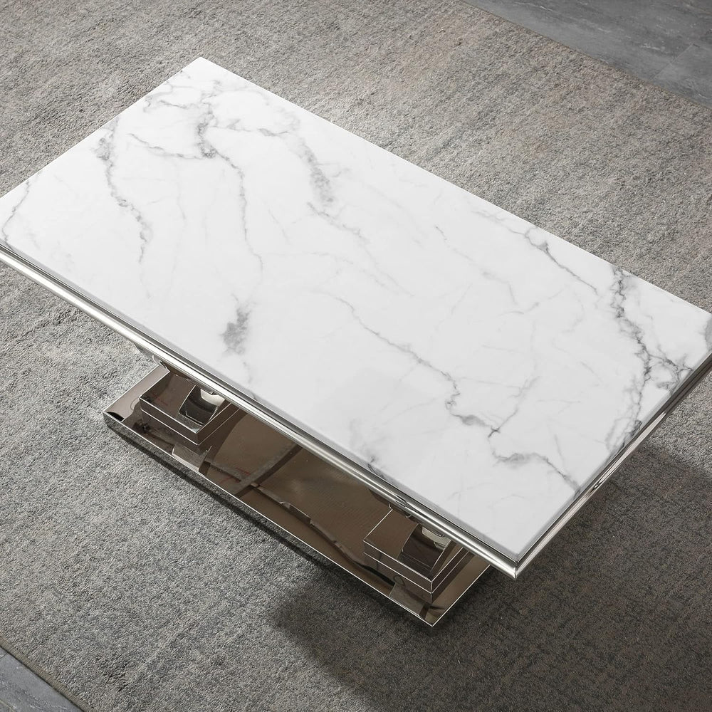 White Marble Coffee Table Set of 3, Luxury Marble Coffee Table and 2 Silver W...