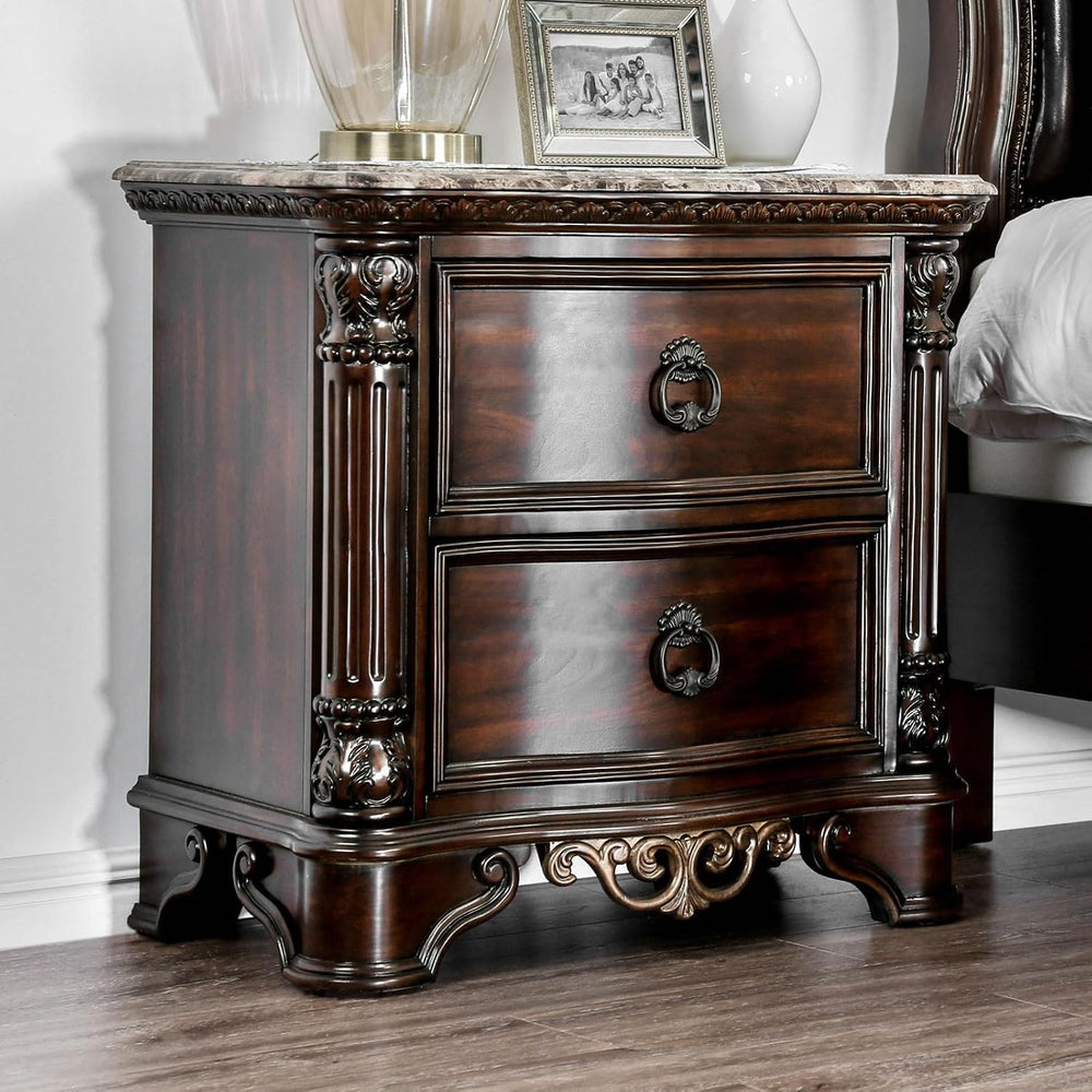 Genuine Marble Top Nightstand with 2 Drawers, Brown Cherry,for Small Spaces