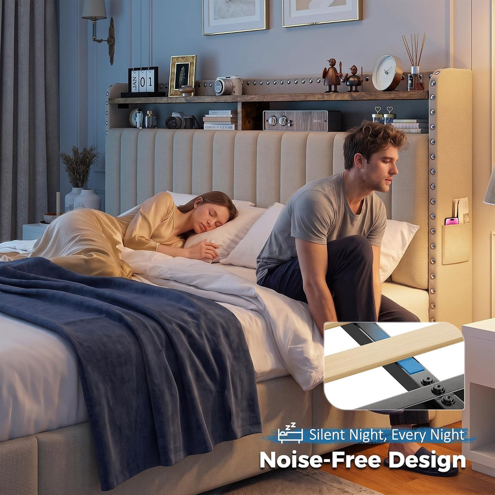 EnHomee King Size Bed Frame with 4 Storage Drawers & Storage Headboard