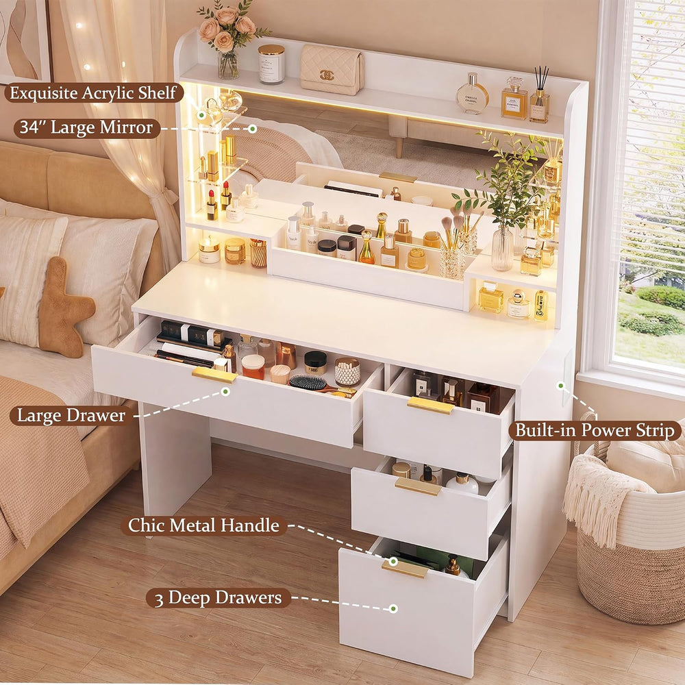 HUAHUU Vanity Desk with Large Mirror, 35.4" Makeup Vanity with LED Light...