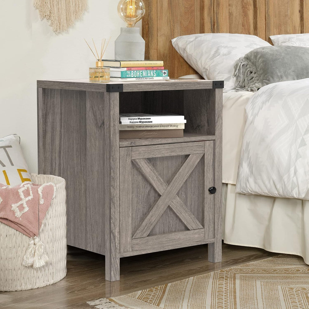 Farmhouse End Table, Nightstand with Barn Door and Shelf,Grey Wash | End Tabl...