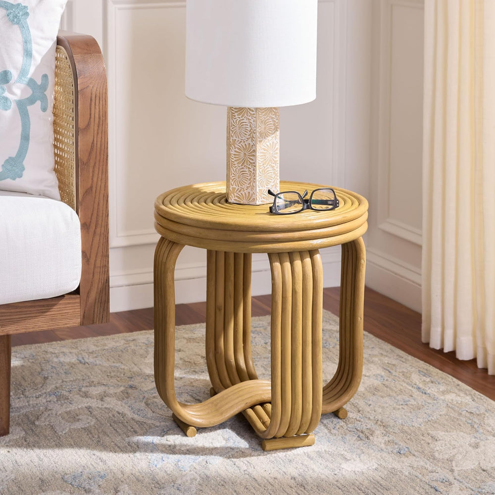 SAFAVIEH Furniture - Asleesh Round Accent Table - Natural Rattan - Fully Asse...