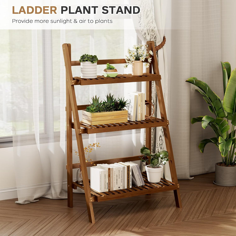 Bamboo Ladder Shelf 3-Tier Foldable Plant Stand, 23.6"W x 15"D x 39...