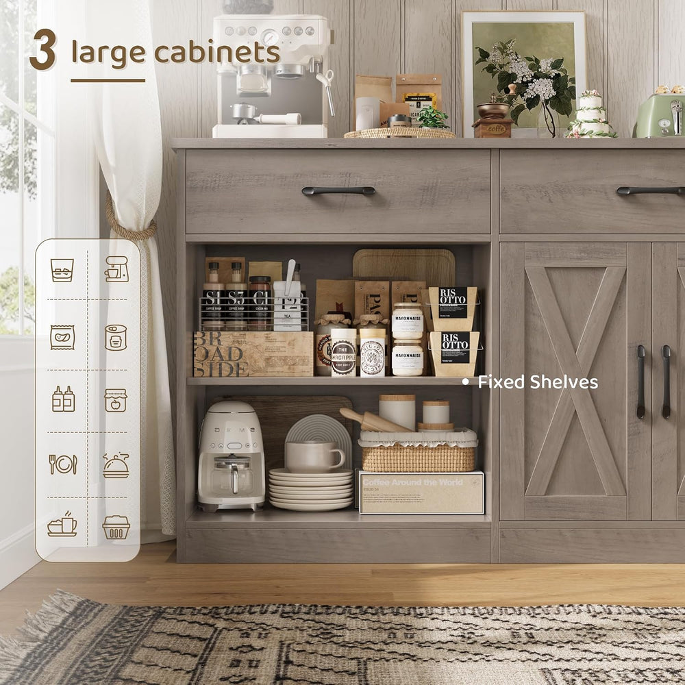 HOSTACK 71" W Farmhouse Kitchen Sideboard Buffet Cabinet with Storage, Grey