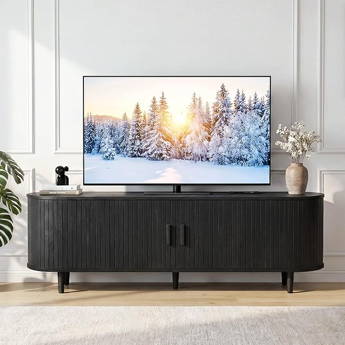 65" Mid Century Modern TV Stand, Wood TV Consoles with Sliding Doors and...